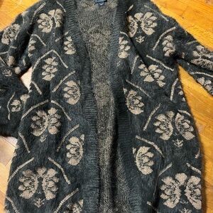 Maeve Anthropologie Fuzzy Cardigan Sweater Gray Gold Metallic Floral Long O/S